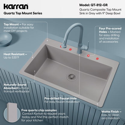 33" Top Mount Large Single Bowl Quartz Composite Kitchen Sink In Grey