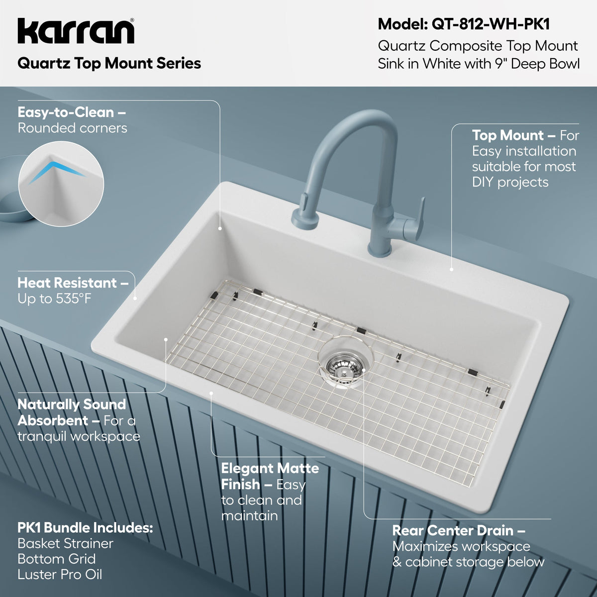 33" Top Mount Large Single Bowl Quartz Composite Kitchen Sink Kit In White
