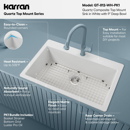 33" Top Mount Large Single Bowl Quartz Composite Kitchen Sink Kit In White