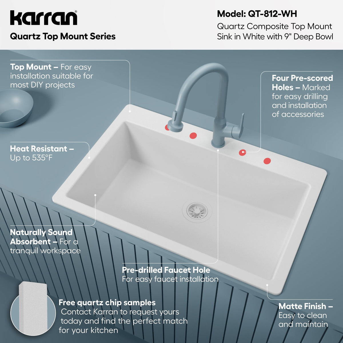 33" Top Mount Single Bowl Quartz Composite Kitchen Sink In White