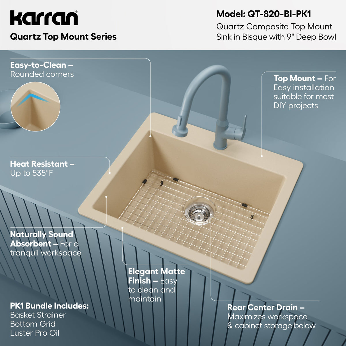 25" Top Mount Single Bowl Quartz Composite Kitchen Sink Kit In Bisque