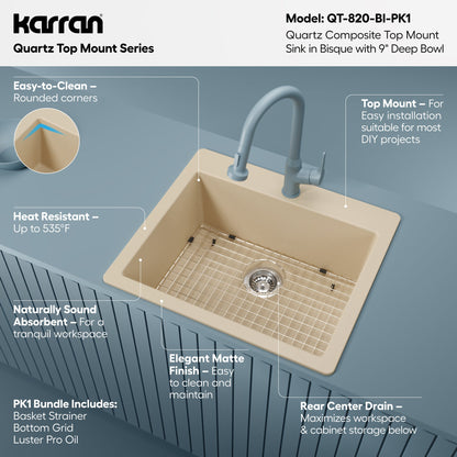 25" Top Mount Single Bowl Quartz Composite Kitchen Sink Kit In Bisque