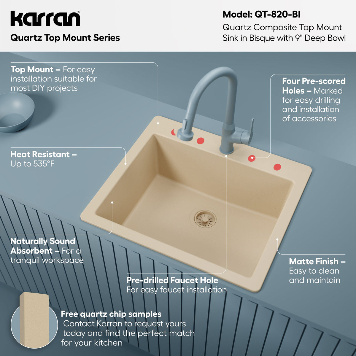 25" Top Mount Single Bowl Quartz Composite Kitchen Sink In Bisque