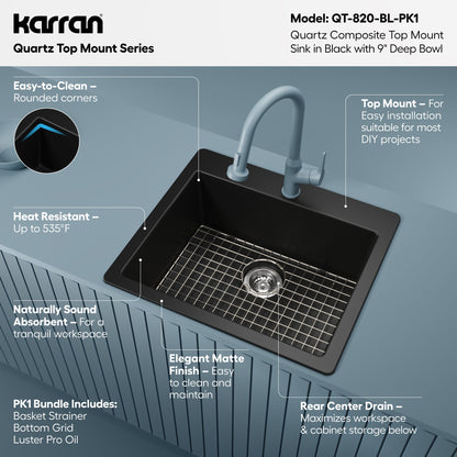 25" Top Mount Single Bowl Quartz Composite Kitchen Sink Kit In Black