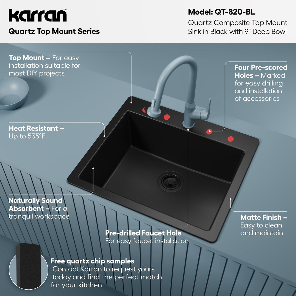 25" Top Mount Single Bowl Quartz Composite Kitchen Sink In Black