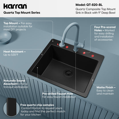 25" Top Mount Single Bowl Quartz Composite Kitchen Sink In Black