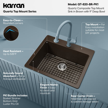 25" Top Mount Single Bowl Quartz Composite Kitchen Sink Kit In Brown
