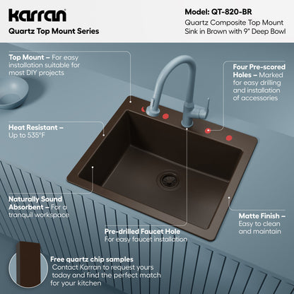 25" Top Mount Single Bowl Quartz Composite Kitchen Sink In Brown