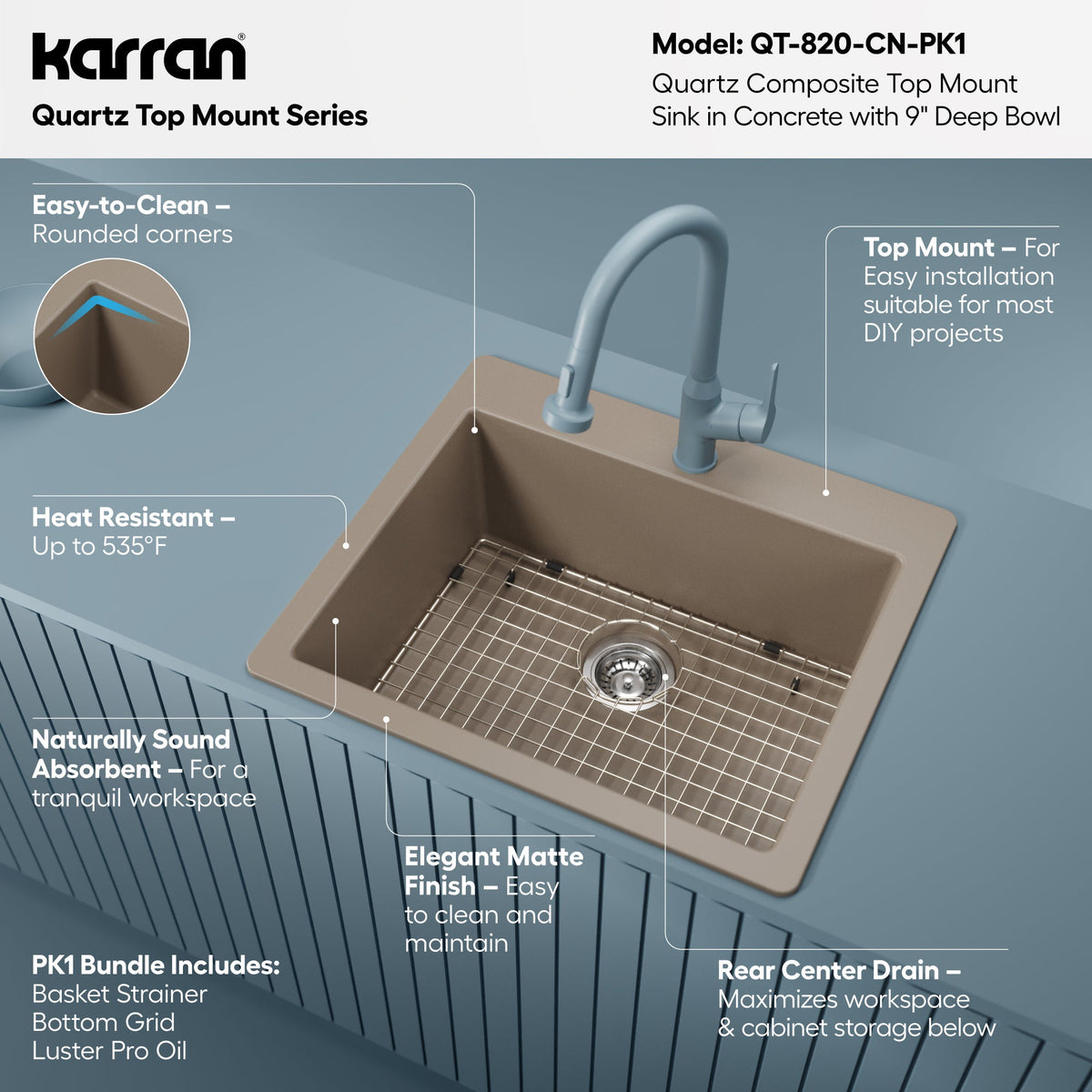 25" Top Mount Single Bowl Quartz Composite Kitchen Sink Kit In Concrete