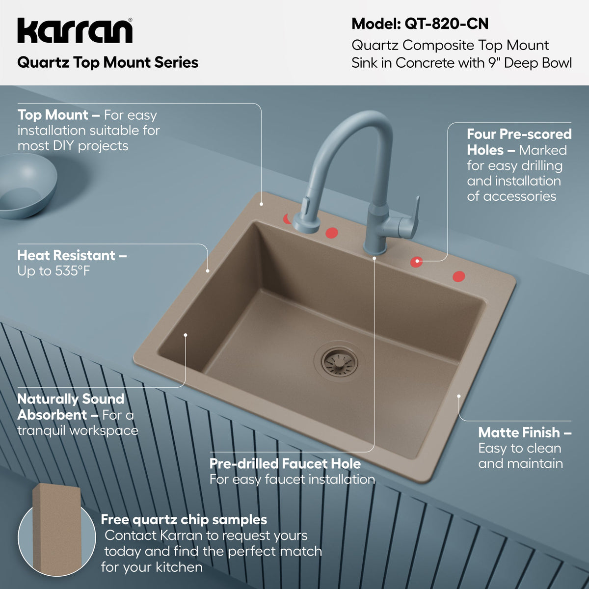 25" Top Mount Single Bowl Quartz Composite Kitchen Sink In Concrete