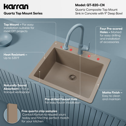 25" Top Mount Single Bowl Quartz Composite Kitchen Sink In Concrete