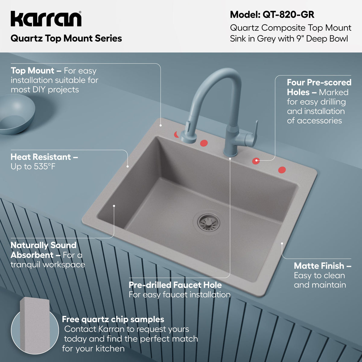 25" Top Mount Single Bowl Quartz Composite Kitchen Sink In Grey