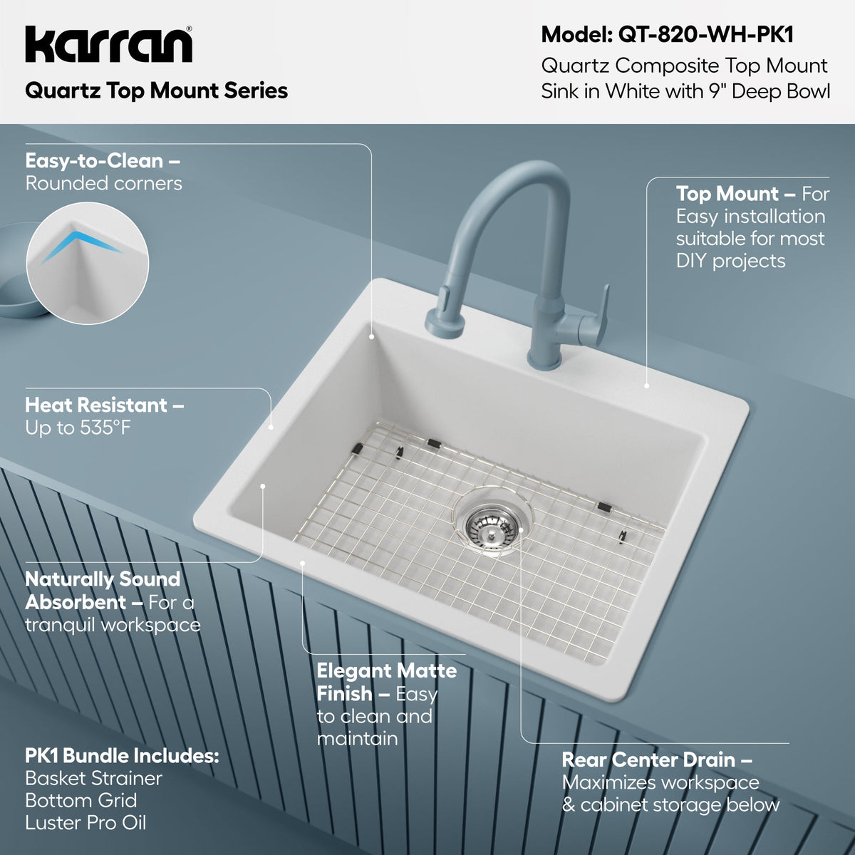 25" Top Mount Single Bowl Quartz Composite Kitchen Sink Kit In White