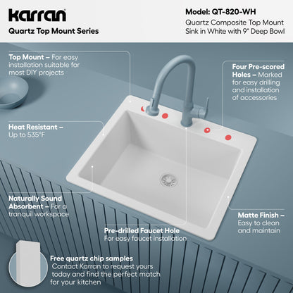 25" Top Mount Single Bowl Quartz Composite Kitchen Sink In White