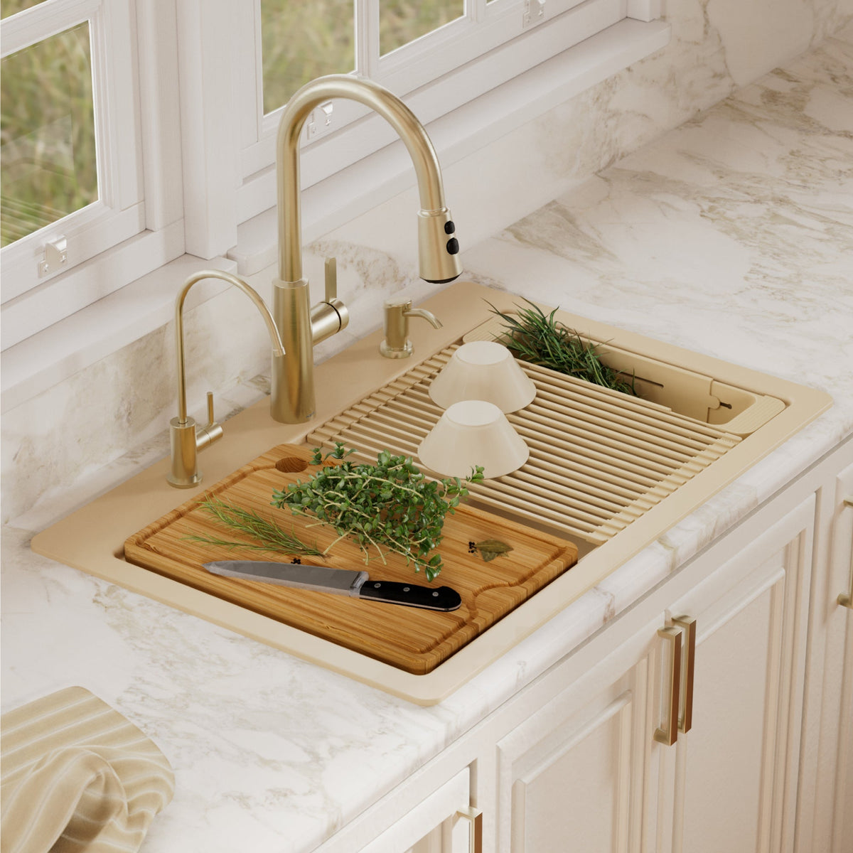 33" Top Mount Single Bowl Quartz Kitchen Sink Kit In Bisque