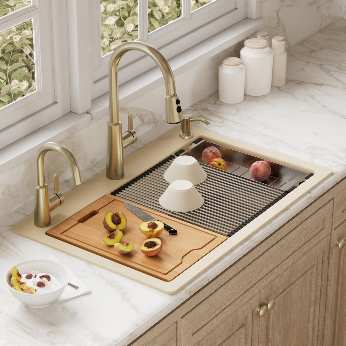 33" Top Mount Large Single Bowl Quartz Composite Workstation Kitchen Sink In Bisque