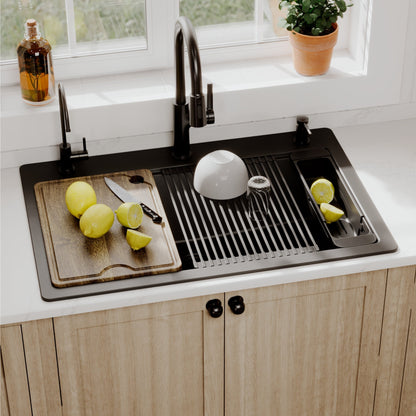 33" Top Mount Single Bowl Quartz Kitchen Sink Kit In Black