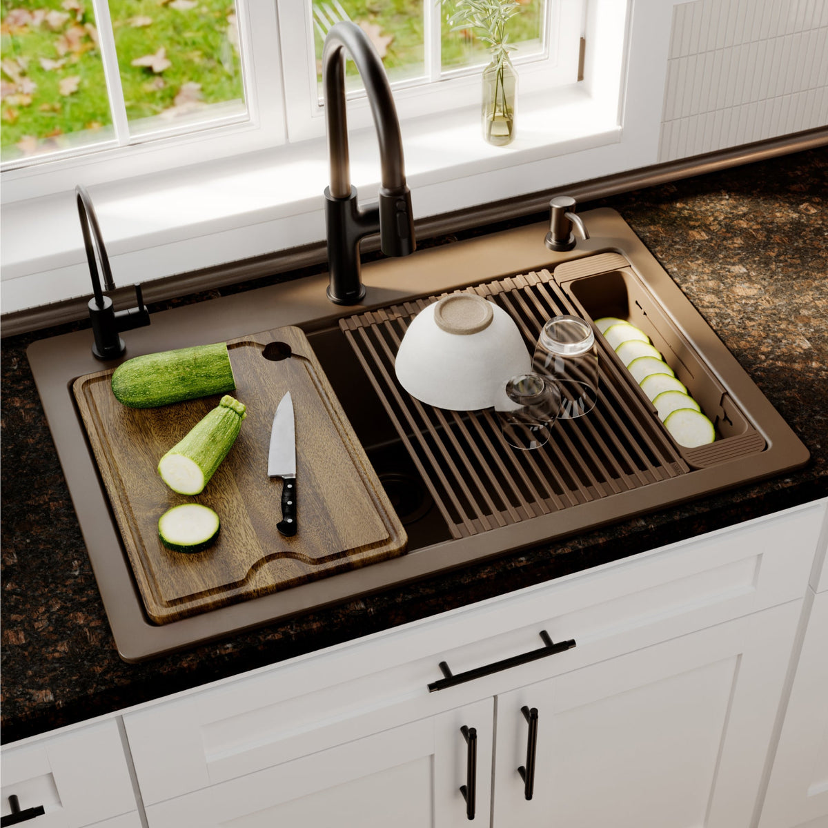 33" Top Mount Single Bowl Quartz Kitchen Sink Kit In Brown