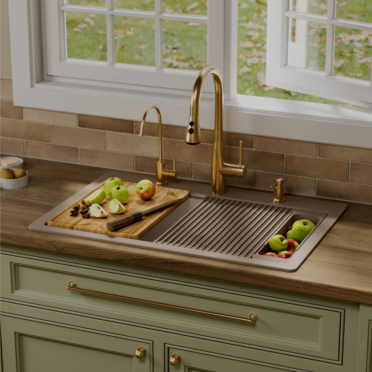 33" Top Mount Single Bowl Quartz Kitchen Sink Kit In Concrete