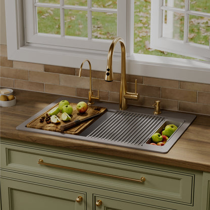 33" Top Mount Single Bowl Quartz Kitchen Sink Kit In Grey