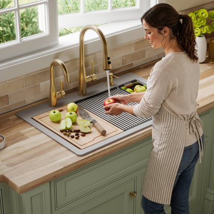 33" Top Mount Large Single Bowl Quartz Composite Workstation Kitchen Sink In Grey