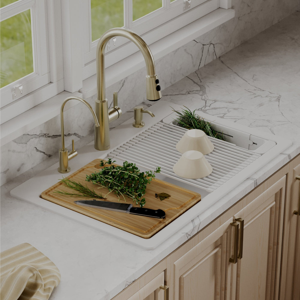 33" Top Mount Single Bowl Quartz Kitchen Sink Kit In White