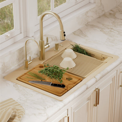 33" Top Mount Double Bowl Quartz Kitchen Sink Kit In Bisque