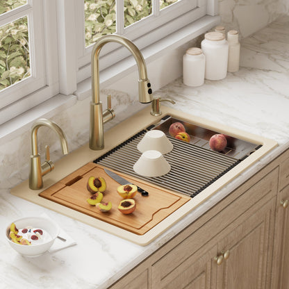 33" Top Mount Double Equal Bowl Quartz Composite Workstation Kitchen Sink In Bisque