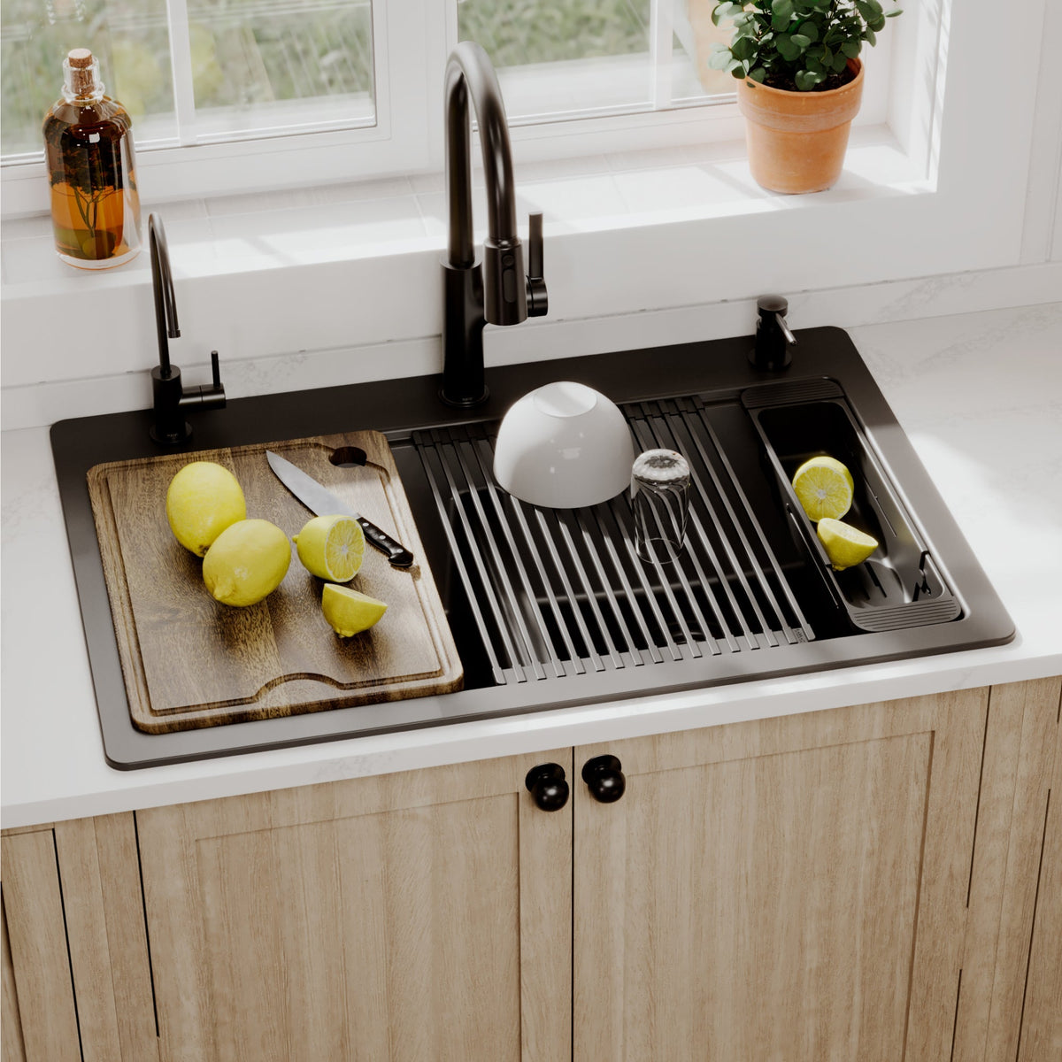 33" Top Mount Double Bowl Quartz Kitchen Sink Kit In Black