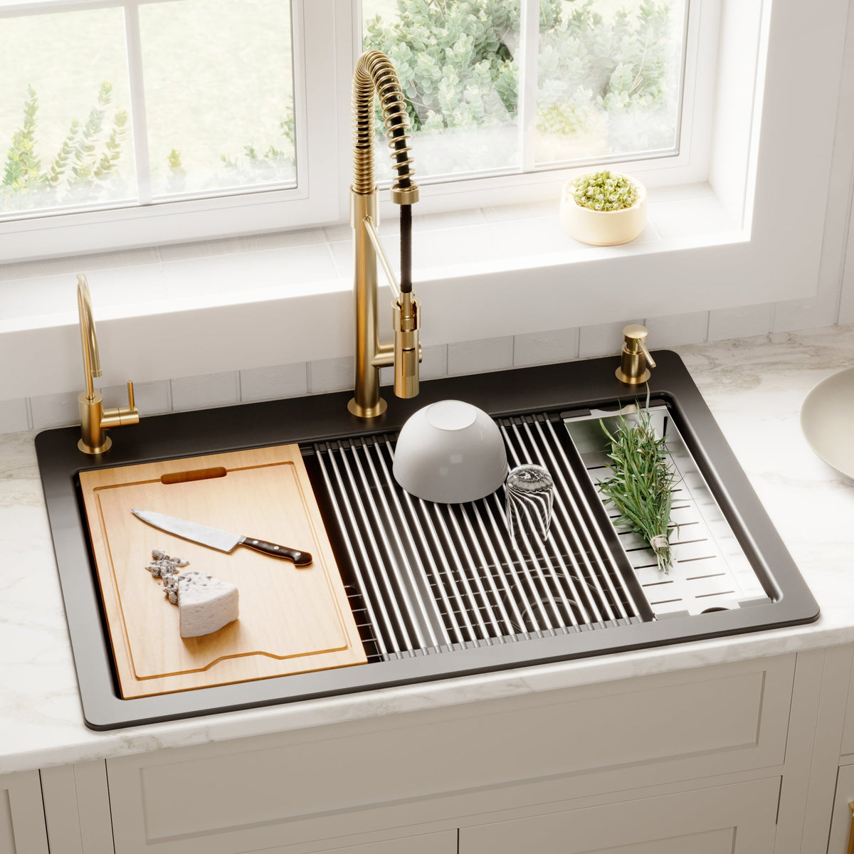 33" Top Mount Double Equal Bowl Quartz Composite Workstation Kitchen Sink In Black