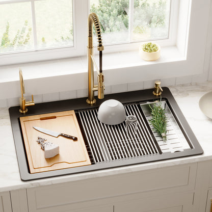 33" Top Mount Double Equal Bowl Quartz Composite Workstation Kitchen Sink In Black