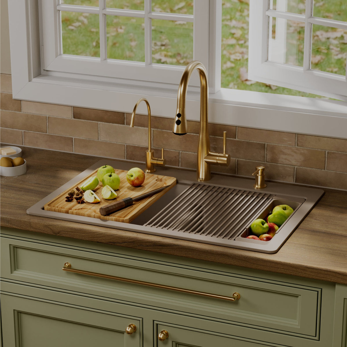 33" Top Mount Double Bowl Quartz Kitchen Sink Kit In Concrete