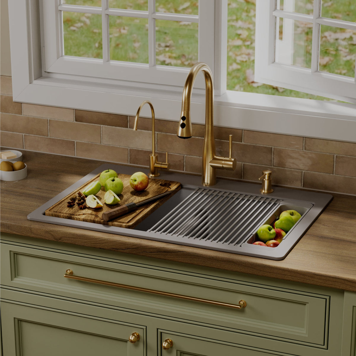 33" Top Mount Double Bowl Quartz Kitchen Sink Kit In Grey