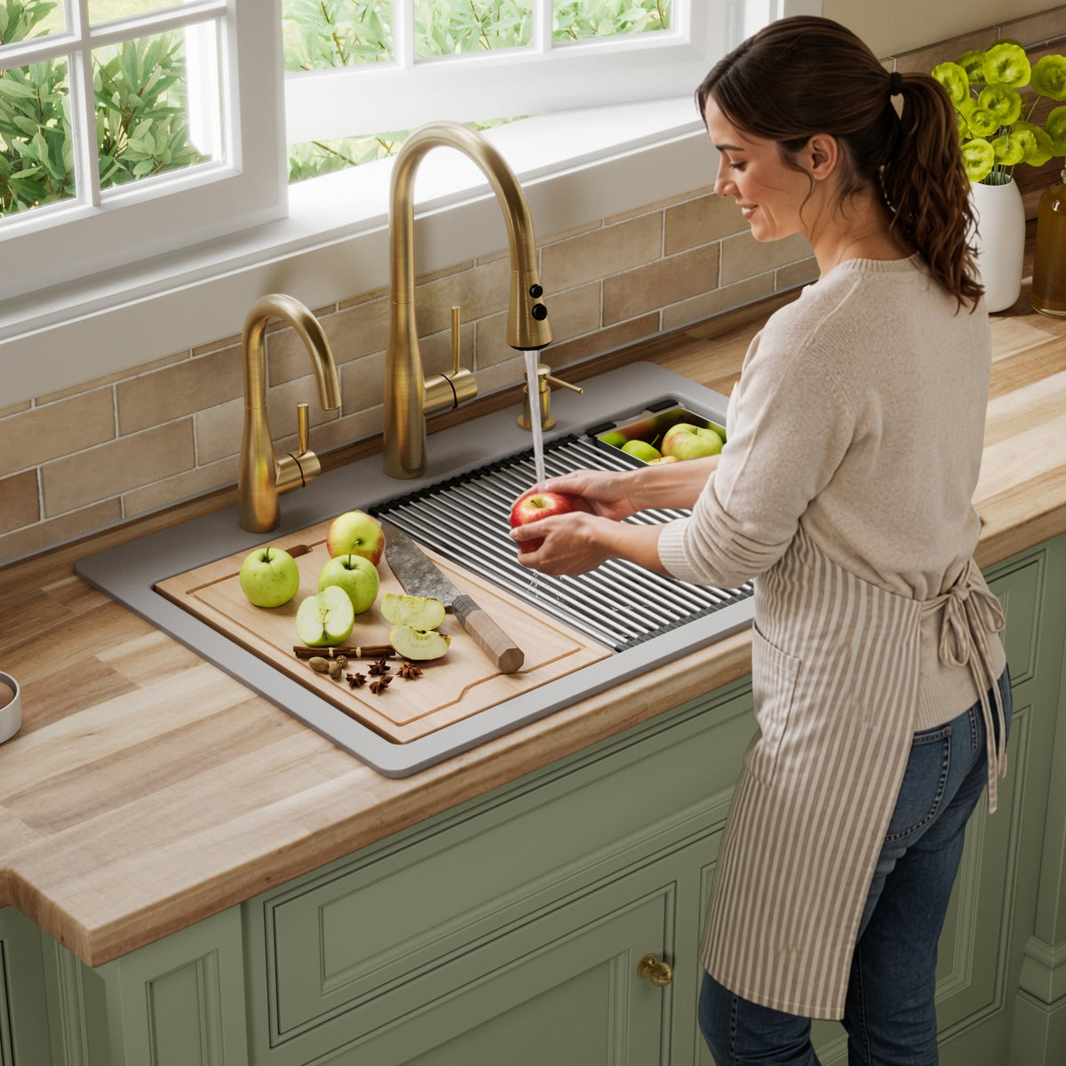 33" Top Mount Double Equal Bowl Quartz Composite Workstation Kitchen Sink In Grey