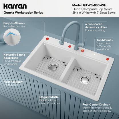 33" Top Mount Double Equal Bowl Quartz Composite Workstation Kitchen Sink In White