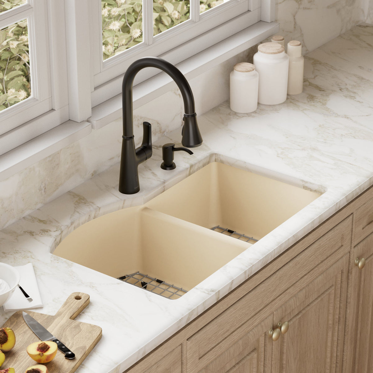 32-1/4" Undermount Double Offset Bowl Quartz Composite Kitchen Sink Kit In Bisque