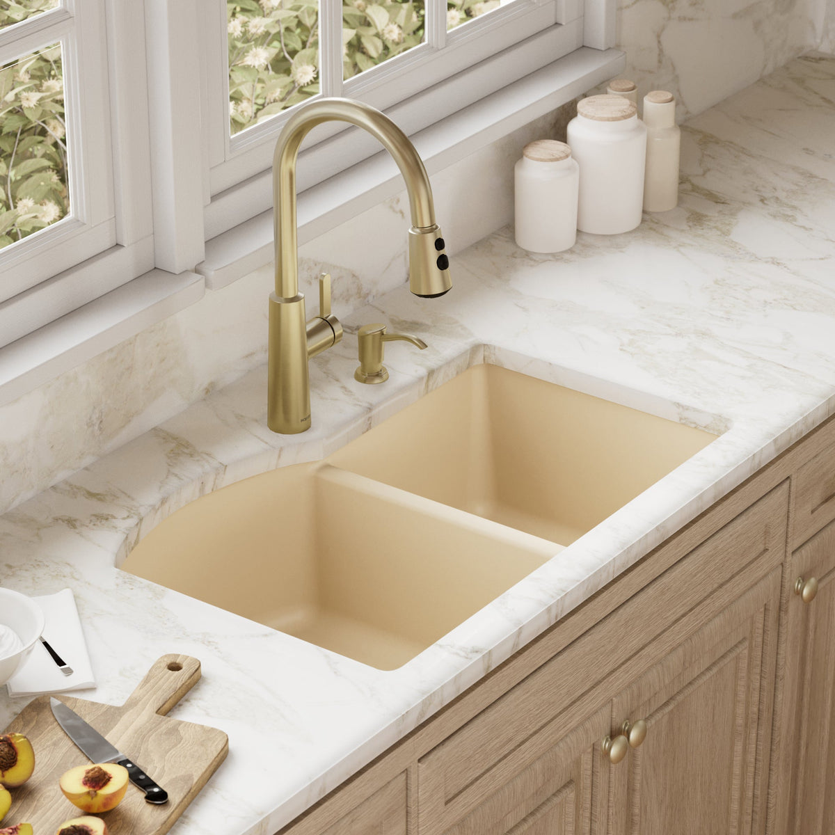 32-1/4" Undermount Double Offset Bowl Quartz Composite Kitchen Sink In Bisque