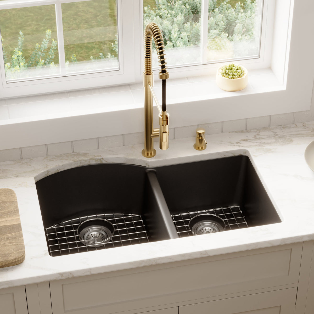 32-1/4" Undermount Double Offset Bowl Quartz Composite Kitchen Sink Kit In Black