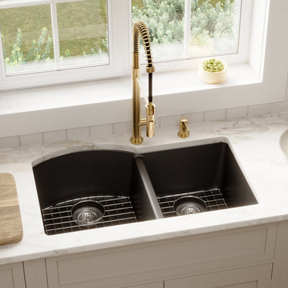 32-1/4" Undermount Double Offset Bowl Quartz Composite Kitchen Sink Kit In Black