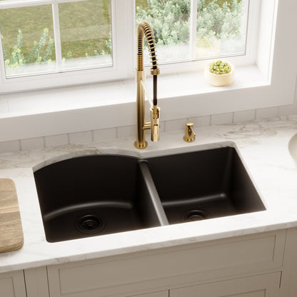 32-1/4" Undermount Double Offset Bowl Quartz Composite Kitchen Sink In Black