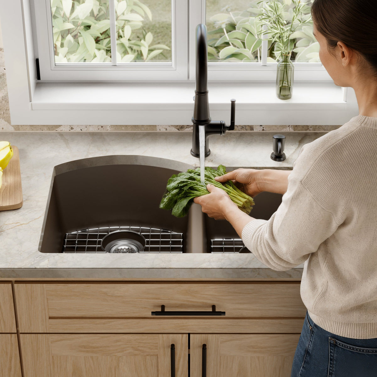 32-1/4" Undermount Double Offset Bowl Quartz Composite Kitchen Sink Kit In Brown