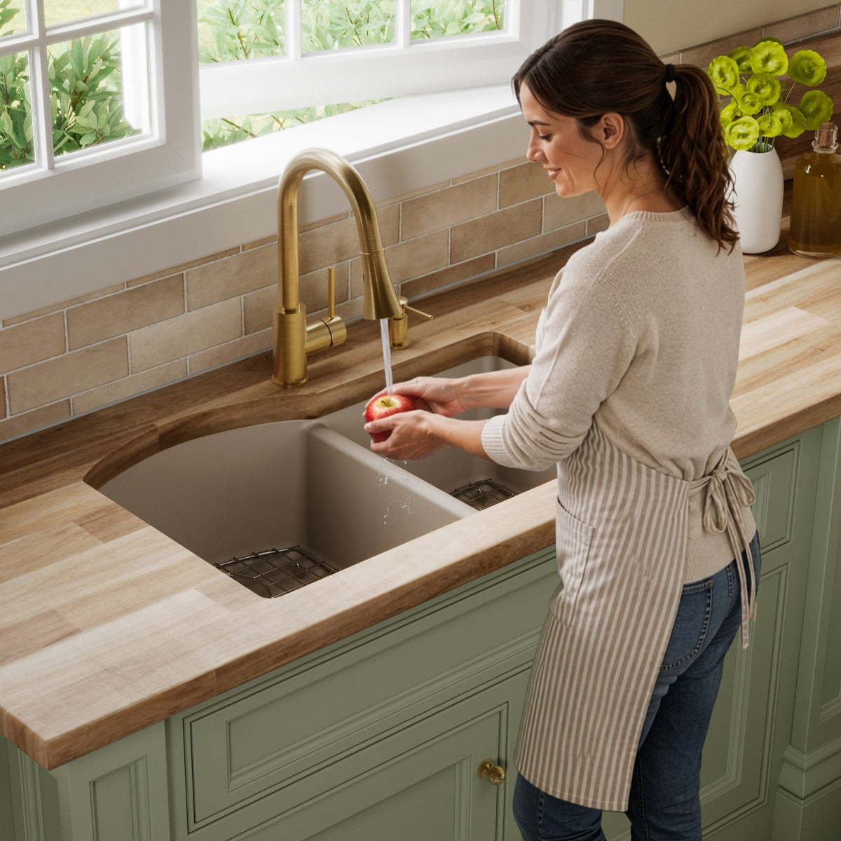 32-1/4" Undermount Double Offset Bowl Quartz Composite Kitchen Sink Kit In Concrete