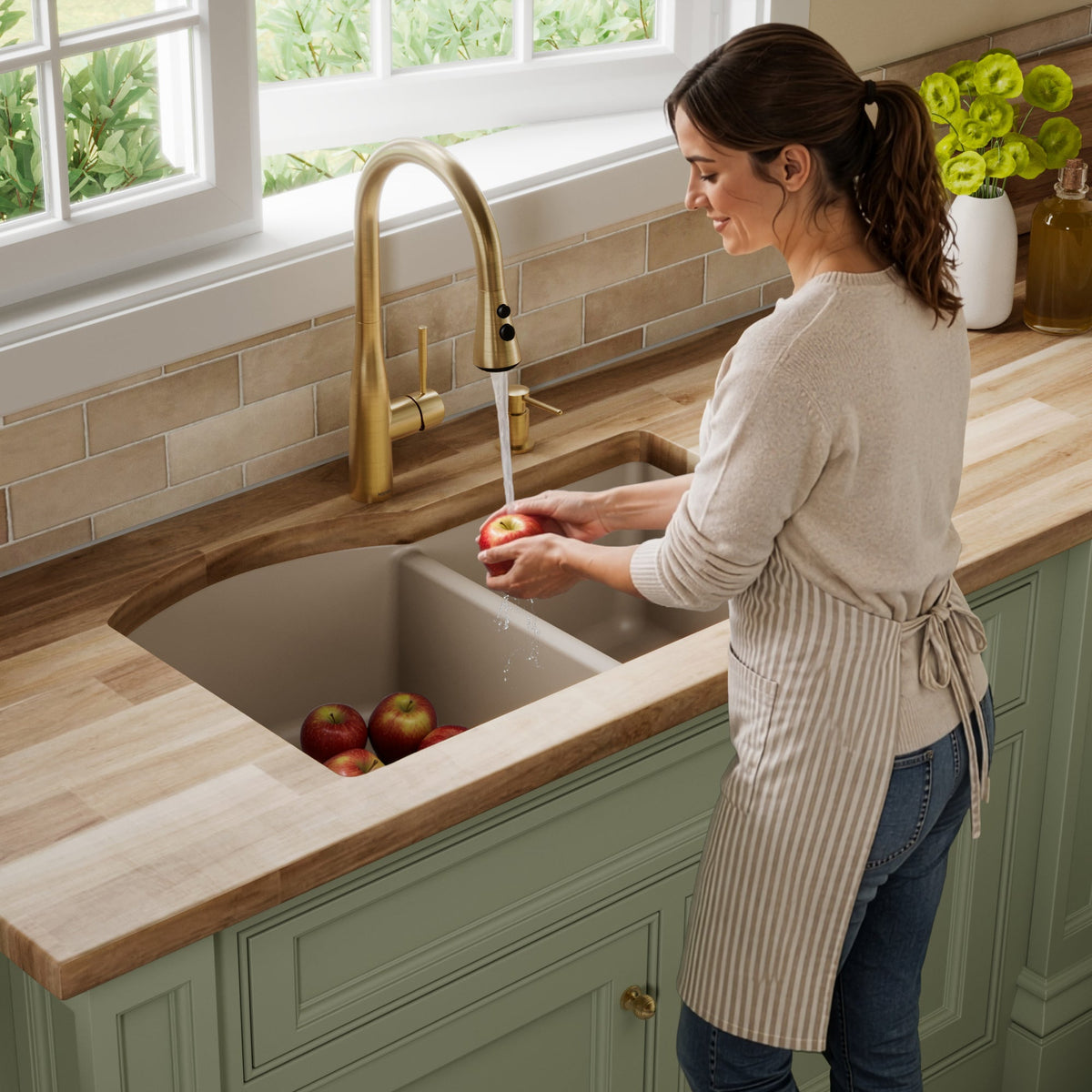32-1/4" Undermount Double Offset Bowl Quartz Composite Kitchen Sink In Concrete