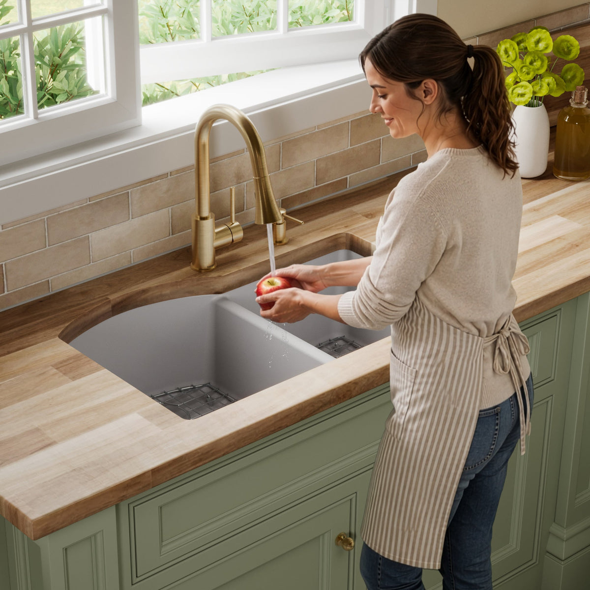 32-1/4" Undermount Double Offset Bowl Quartz Composite Kitchen Sink Kit In Grey