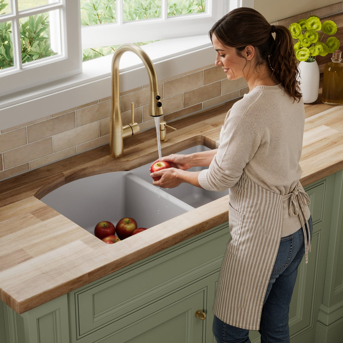 32-1/4" Undermount Double Offset Bowl Quartz Composite Kitchen Sink In Grey