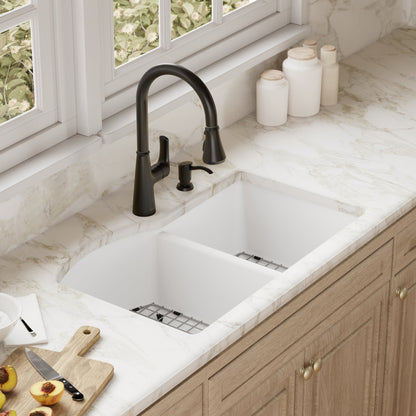 32-1/4" Undermount Double Offset Bowl Quartz Composite Kitchen Sink Kit In White