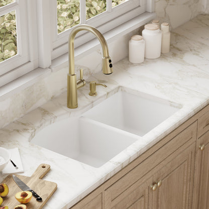 32-1/4" Undermount Double Offset Bowl Quartz Composite Kitchen Sink In White