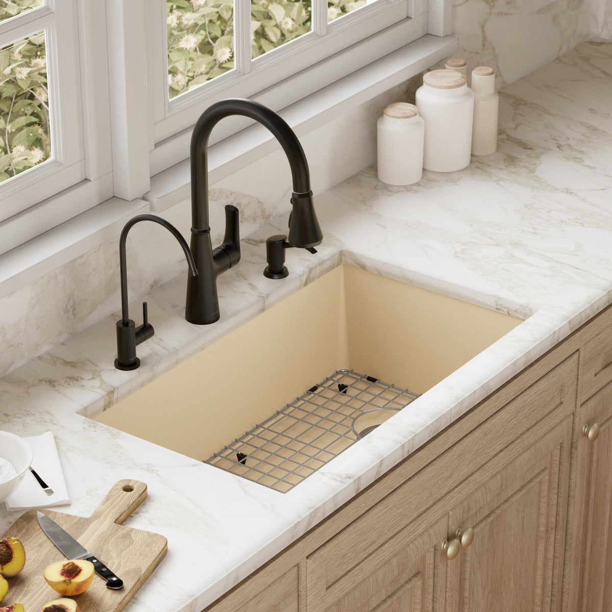 31-5/8" Undermount Large Single Bowl Quartz Composite Kitchen Sink Kit In Bisque