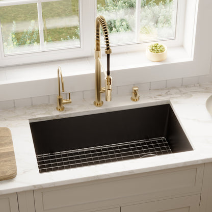 31-5/8" Undermount Large Single Bowl Quartz Composite Kitchen Sink Kit In Black