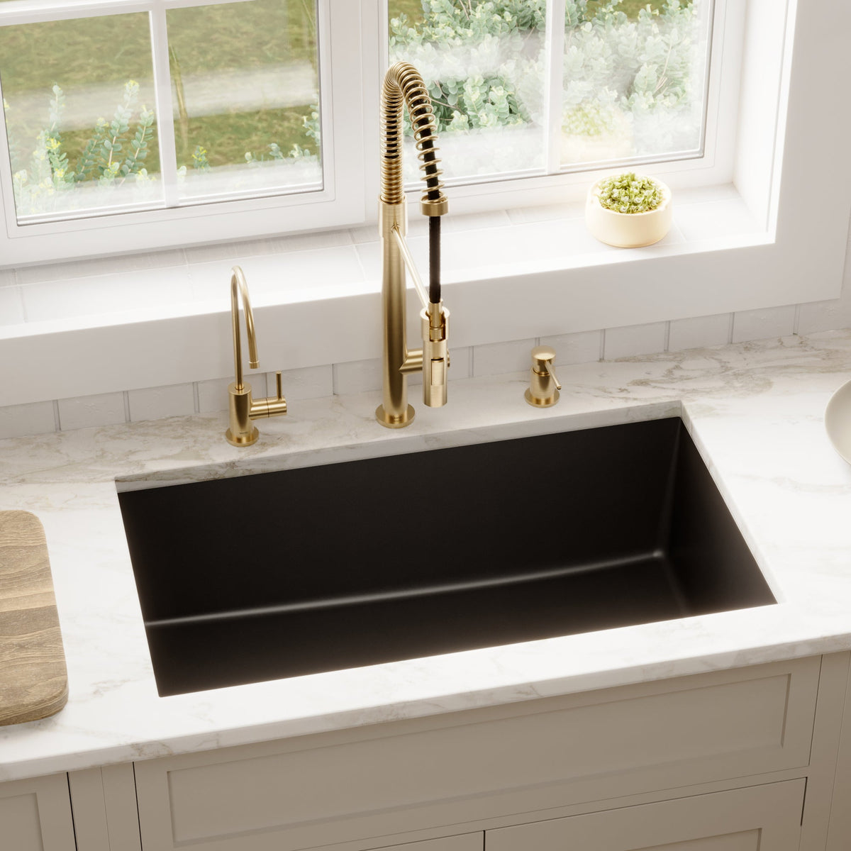 31-5/8" Undermount Large Single Bowl Quartz Composite Kitchen Sink In Black